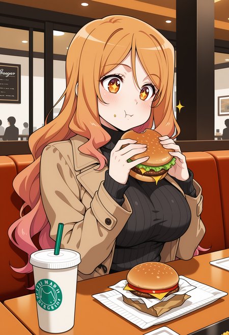1girl,solo, long hair, gradient hair, orange hair, pink hair, orange eyes, 
eating, :t, looking at food, sitting, holding food, burger, sparkling eyes, winter clothes, brown coat, open coat, long sleeves, black sweater, ribbed sweater, turtleneck sweater, large breasts, indoors, restaurant, table, disposable cup, food wrapper
,masterpiece,best quality,amazing quality,
 <lora:NoobV065sHyperDmd:.5> <lora:quele_sellier_meipaws:.9>