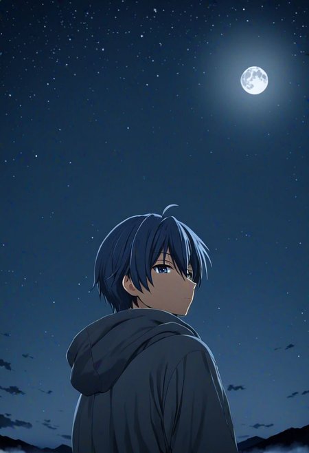 high resolution, solo, best quality, 1Boy, Tomoya Okazaki, Grey Blue Hair, open space, night sky, moon, OverallDetail
