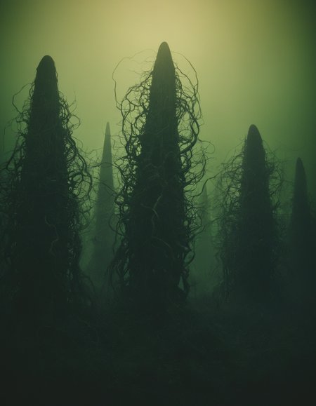 inspired by H.R. Giger, hyper realistic and  highly detailed  35mm photo of a bizarre dark alien landscape, glowing biomorphic bioluminescent trees and plants, on a distant otherworldly planet,  black night sky, faded colors, atmospheric haze, shot on polaroid film, movie still,  black, dark, dramatic, masterful, bold lines, limited color palette, high contrast, depth of field, bokeh, (intricate details, masterpiece, best quality:1.4), 
<lora:- SDXL - vntblk_vanta_shapes_V1.0:0.8>