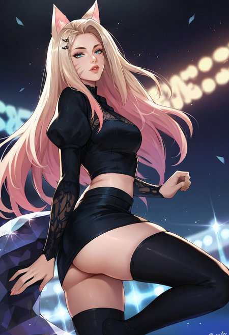 <lora:ahribaddest:0.8> ahribaddest, fox ears, whisker markings, hairclip, long sleeves, puffy sleeves, midriff, crop top, thighhighs, black skirt, lips, stage, stage lights, looking at viewer, from side, ass,, score_9, score_8_up, score_7_up, score_6_up, score_5_up, score_4_up, rating_questionable, source_anime, BREAK