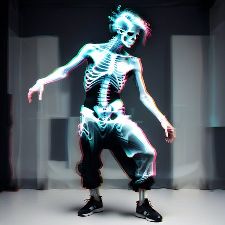 xray of street dancer in a bizarre surreal glitchy dream