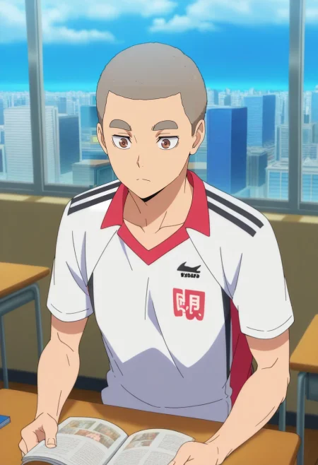 masterpiece, best quality, , anime screencap, anime coloring, , , 1boy, solo, male focus, <lora:Tamahiko_Teshiro-000009:0.9>, tamahiko_teshiro, grey hair, very short hair, brown eyes, city library, study desks, glowing shelves, hushed whispers, reading pose, immersed expression, warm ambiance,