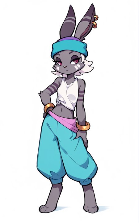 best quality, absurdres,full body, <lora:BolivanteStyleITS:0.8>,  <lora:LPMITS:0.8>, LPMITS, blue pants, harem pants, baggy pants, midriff, bracelet, sleeveless shirt, shirt, white shirt, bare shoulders, beanie, animal ears, jewelry, short hair, furry female, furry, facial mark, rabbit girl, rabbit tail, grey skin, white hair, arm tattoo, earrings, white background, standing, solo,slim