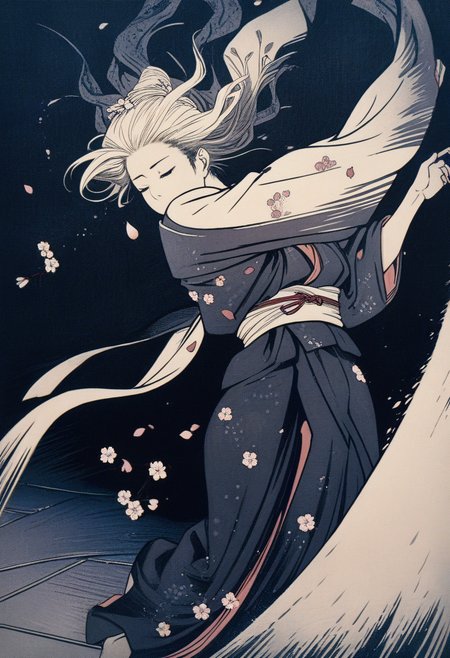 cherry blossoms  in a dark storm, light and shadow, a girl in kimono and dancing, cherry petals flying in the air, wind and rain, dynamic angle, close-up shot, (best quality), woodcuts, highly detailed, KHsty-XL <lora:KHsty-XL-v3-AN:0.7>