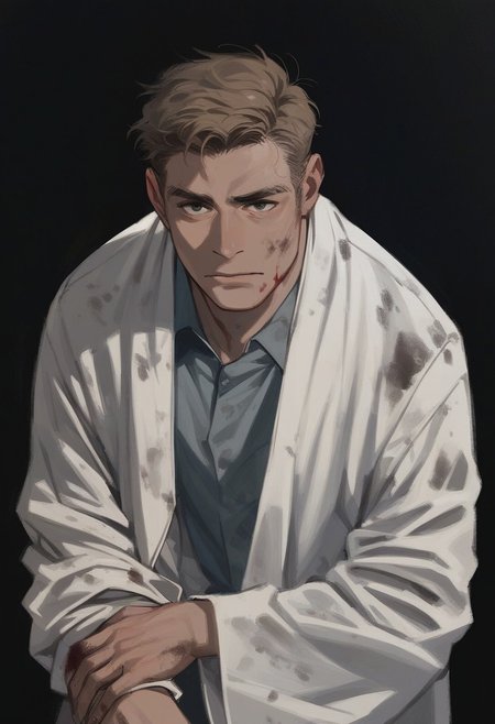 score_9, score_8_up, score_7_up, male, simple background, black background, human, a scientist's robe, clothes covered in dirt and blood, disturbing, closed mouth, official state clothing