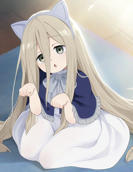 1girl on the floor, paw pose, open mouth, fake cat ears, sunlight, castle 
,,,,,,,,,,,,,,,,,,,,,,,,,,,,,,,,,,,,,,,,,,,,,,,,,,,,,,,,,,,,,,,,,,,,,,,,,,,,,,,,,,,,,,,,,,,,,,,,,,,,,,,,,,,,,,,,,,,,,,
 <lora:dagasi_style_illustrious01_v1-000037:1>  (sense \(sousou no frieren\):0.8), very long hair, hair between eyes, light brown hair ,blue capelet, white dress <lora:sense_illustriousXL_v01_last:.5>