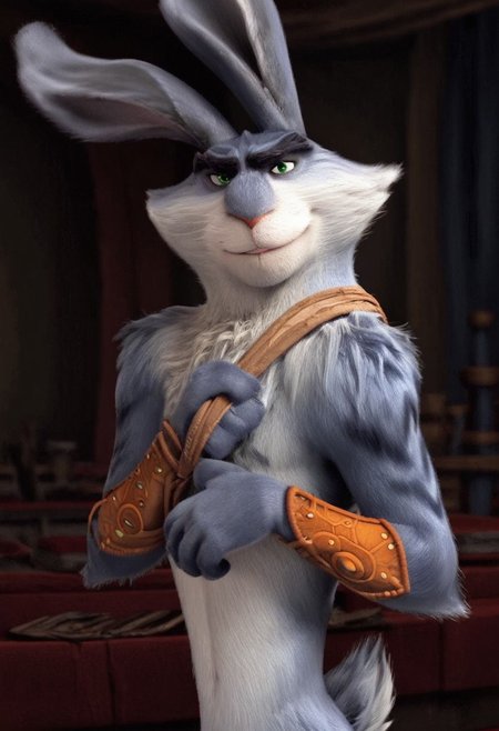 score_7_up, score_8_up, 1boy, solo male, from side, movie still, animated, 
BREAK,
bunnymund, anthro rabbit, fur markings, standing, smirk, sly expression, green eyes, sheathe on back, chest strap, bracers, arms wraps, hands on chest, looking at viewer, indoors,