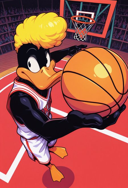 masterpiece, best quality, Graphic Design, color art, vibrant colors, colorful, intricate details, high contrast, detailed background, beautiful detailed, beautiful face, detailed eyes, detailed face, new, newest, z00td4ffy, 1boy, solo, male focus, furry, duck, black skin, beak, black eyes, yellow hair, pompadour, cowboy shot, looking away, from above, high angle, basketball, throwing ball, jumping, perspective, midair, basketball uniform, basketball hoop, basketball court,