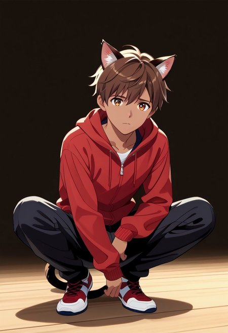 Anime style, anime art style, cartoon art style, ((masterpiece)), ((best quality)), ((ultra-detailed)), score_9_up, score_8_up, score_7_up, HD, top quality, best quality, High-quality illustrations, anime screencap, masterpiece, best quality, amazing quality, BREAK man male guy, curly dark brown hair, short hair, hazel brown eyes, big eyes, defined chin, chiseled face, dark brown cat ears, dark brown cat tail, tan skin tone, full body, detailed eyes, high definition eyes, red hoodie jacket, black pants, crouching, sad, pleading eyes, BREAK (Cartoony),