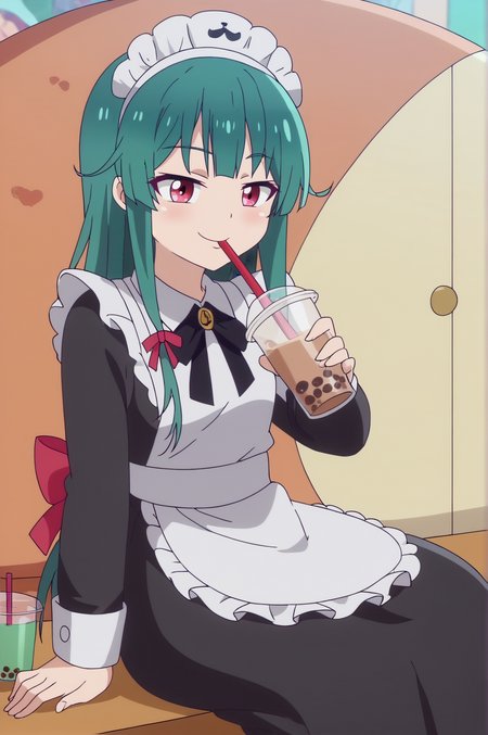 score_9, score_8_up, score_7_up,anime_source, source_anime, best background, detailed background, anime screencap,  Yuna, Main Outfit, apron, maid, solo, sitting, bubble tea, drinking, horny, naughty face,  <lora:JN_Yuna_Kuma_Pony:0.8>