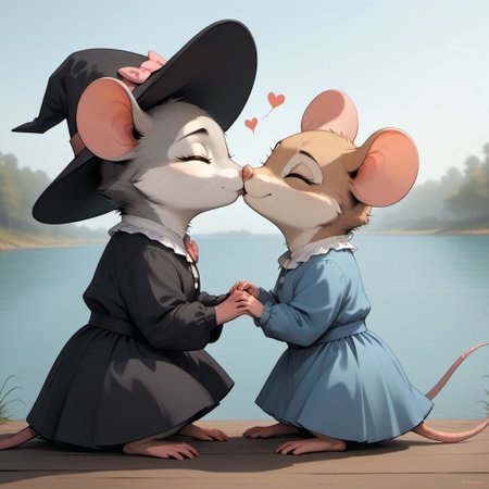 score_9, score_8_up, score_7_up, score_6_up, 
m0use_goldie, 2girls, duo, kissing, cute, hearts, roses, (eyes closed:1.2), 1 girl,
(white frilly shirt, blue skirt, grey fur), (mouse tail), (cute:1), (feral:1.5), sitting, outdoors, (lake, water:1.3), side view, pier, (haze:2), looking back, feet in the water, 1 girl, brown fur, fluffy fur, brown body, mouse ears, black robe, cute, romantic, witch hat, pink bow, ears through hat