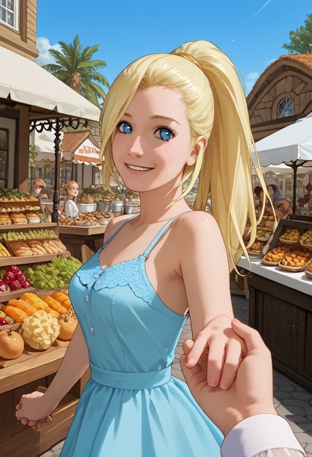 1girl, solo, score_9_up, score_8_up, score_7_up, score_6_up, cute face, detailed and beautiful face, detailed and beautiful eyes, cute girl, inoYamanakaPDXL, blonde, ponytail, blue eyes, medium breasts, sundress, walking in a marketplace, many food stalls, looking at the viewer, detailed, intricate details, realistic, FaceDetail, stunning, masterpiece, side view, happy, holding hands, solo focus, pov hands, out of frame