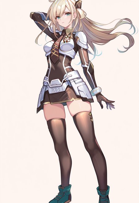 (score_9:0.9),score_8_up,score_7_up,rating:explicit,anime_style,(zPDXL),<lora:Sky striker ace - raye ponyXL v4.1:0.97>,sky striker ace - raye,ordinary uniform,brown hair ornament,brown necktie,brown thighhighs,black shoes,1girl,solo,holding,black katana,full body,looking at viewer,standing,arm up,closed mouth,white background,floating hair,medium breasts,battle bodysuit,armor gloves,armor boots,breasts armor,armor skirt,transforming,