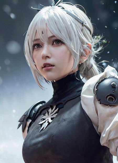 masterpiece, 8k, best quality, hyper-realistic, (photo-realistic, (RAW quality:1.5)), realistic, majestic, (intricate detail:1.3),  (portrait:1.5), ultra high res, 50mm (stunningly and intricate beautiful, very gorgeous, 2b nier automata cosplay, 1girl, stunningly beautiful face, perfect anatomy, make up, fierce face, detailed skin texture, short hair, ((hair blown by air)), (detailed 2b nier automata suede material dress:1.2), (looking at viewers:1.1)), (action pose:1.5), floating particles, scattered luminous, (white-black ambience:1.2), (dramatic background:1.4), surreal, cinematic lighting, backlight, ultra sharp, ultra focus, bokeh, artstation,  <lora:koreanDollLikeness_v15:0.2> <lora:japaneseDollLikeness_v10:0.5>