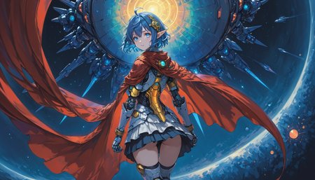 <lora:yukihiro_kajimoto_so2r_xl:0.8> <lora:IOS_Iridescent_opal_style:0.6> star ocean, 1girl, rena lanford, ahoge, armor, blue_eyes, blue_hair, boots, cape, full_body, hair_ornament, pleated_skirt, pointy_ears, short_hair, [woman:robot joints:0.6], [armpits:mecha:0.5], [evangelion:cyberpunk edgerunners:0.5], [lens flare:opal:06], intricate detail, cinematic lighting, amazing quality, amazing shading, detailed Illustration, official artwork, wallpaper, official art, extremely detailed eyes and face, beautiful detailed eyes, ((masterpiece, best quality)), (from behind), upper body, (thigh gap)