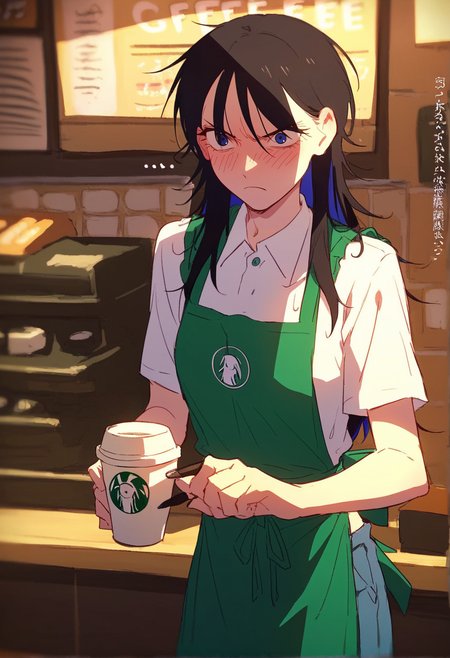 score_9, score_8_up, score_8,
 <lora:Okami_Kororon_for_PonyXL:0.8> 1girl, 0kam1, black hair, solo, long hair, blue eyes, 
shirt, pants, apron, uniform, coffee shop, blush, annoyed