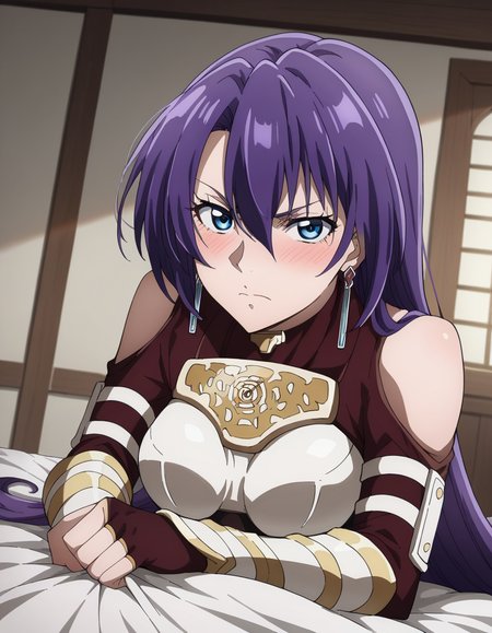 score_9, score_8_up, score_7_up, source_anime,
arthurpencilgon, <lora:arthur-pencilgon-ponyxl-lora-nochekaiser:1>,
arthur pencilgon, long hair, blue eyes, hair between eyes, very long hair, purple hair,
gloves, belt, armor, clothing cutout, breastplate, bare shoulders, earrings,
indoors, bed, bed room, on side, blush, drunk,
looking at viewer, dutch angle, cowboy shot,