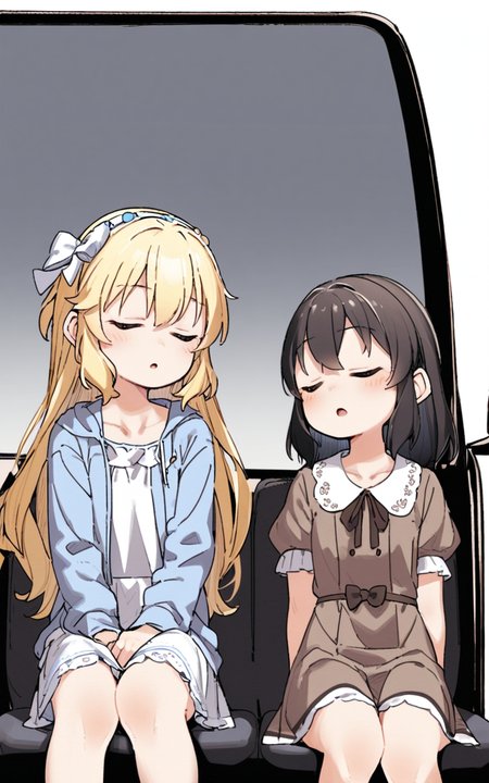 masterpiece, best quality, <lora:style21-a31-000017:1>,dress, multiple girls, blonde hair, 2girls, closed eyes, bow, hair bow, brown dress, puffy sleeves, short sleeves, tachibana arisu, bangs, puffy short sleeves, long hair, jacket, shirt, sakurai momoka, open clothes, sleeping, sleeveless dress, white bow, car interior, collared shirt, sitting, parted lips, open jacket, sleeveless, blue dress, white shirt, collared dress, seatbelt, frills, hairband, black hair, hair between eyes, pleated dress, blush, frilled dress, brown bow, open mouth, blue jacket, neck ribbon, feet out of frame, very long hair, long sleeves, ribbon, brown jacket, brown ribbon, car, brown hairband, collarbone, motor vehicle, ground vehicle, white background, :o, black bow, seat, sleeping upright, facing viewer