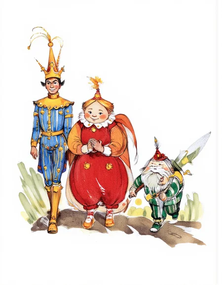 <lora:LV_NEW:1>This image is a hand-drawn illustration in a whimsical, cartoon style. It depicts three figures dressed as royalty, walking along a path. The figure on the left is a tall, slender man with a crown adorned with small, yellow jewels. He wears a blue and yellow striped outfit with a gold belt and matching shoes. The middle figure is a plump, rosy-cheeked woman with a large, round body. She wears a red dress with gold trim and a matching crown. Her hands are clasped in front of her. The third figure is a short, stout man with a green and white striped outfit and a white collar. He wears a green crown and carries a large, curved sword at his side. All three characters have exaggerated facial features and simple, stylized expressions. The background is plain, with no visible details, keeping the focus on the characters. The illustration uses a combination of watercolor and ink, with vibrant colors and a soft, textured finish. The overall mood is playful and whimsical, capturing a fantastical, medieval setting.