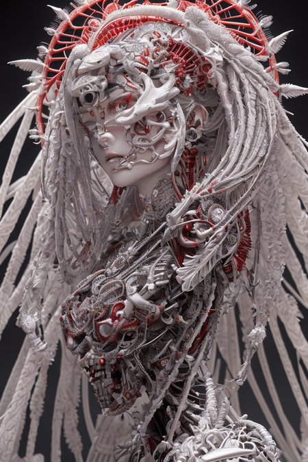 complex 3d render ultra detailed beautiful death angel, biomechanical cyborg, analog 150 mm lens, beautiful natural soft rim light, crystal feathers, roots, fine foliage lace, colorful details, Boris Bidjan Saberi outfit, pearl earrings, piercing, art nouveau fashion embroidered, intricate details, mesh wire, mandelbrot fractal, facial muscles, cable wires, microchip, badass, hyper realistic, ultra detailed, octane render, volumetric lighting, 8k post-production, red and white with a bit of black, detailled metalic bones, semi human, iridescent colors, Glenn Brown style, futuristic room, power of the god, high-angle shot, complex body poses