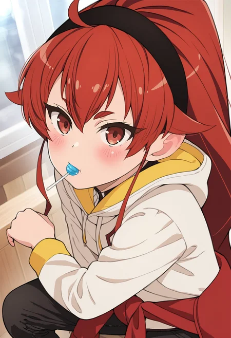 masterpiece,best quality,amazing quality,
1girl, solo, long hair, red eyes, red hair, eris greyrat, ahoge, looking at viewer, black hairband, bangs, ponytail, food, hood, candy, hairband, long sleeves, hair between eyes, lollipop, hoodie, jacket, pants, shirt, clothes around waist, mouth hold, blush, food in mouth, thick eyebrows,
 <lora:Saeki Tatsuya_epoch_9:1>