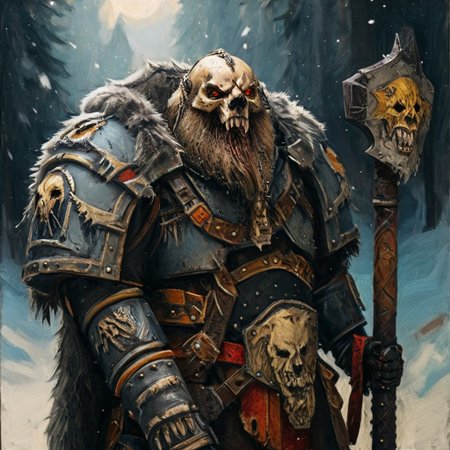 Space wolf warrior, wolf priest, chaplain, skull helmet, wolf skull helmet, wolf skull has a long snout that extends to the helmet mouth vent, the skull has fangs and glowing eyes, warrior with beard is in winter landscape, he is a werewolf space marine,  he as heavy scars, he has his huge runic hammer in his hands, portrait style, viking, norse, beard, clad in ripped furs and pieces of old worn space wolf armor, Black over black, top light, masterful painting in the style of Anders Zorn | Marco Mazzoni | Yuri Ivanovich, Todd McFarlane, oil on canvas
<lora:add-detail-xl:1> <lora:MJ52:0.5>