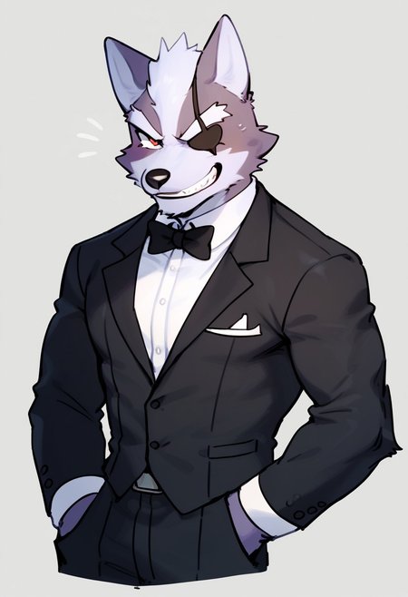 score_9, score_8_up, score_7_up, by bebebebe, by goonie-san, by washlet_mskm, rough lines, messy shading, 1boy, male focus, adult, mature male, broad shoulders, muscular, toned male, bara furry, rough lineart, male, solo, Wolf o'donnell, gray fur, red pupils, thick eyebrows, eyepatch, tuxedo, tuxedo suit, devilish grin, fancy setting, low lighting