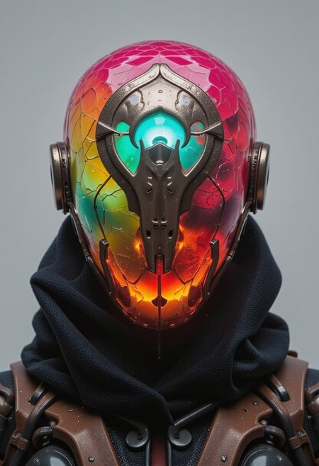 An extreme macro close-up of a translucent robotic head resembling a serpent, its hollow, glass-like surface revealing the decayed remnants of its inner mechanisms. The lifelike scales, once vibrant, now shift with eerie, fading neon tones of pink, red, yellow, and green, bleeding into one another like the last embers of a dying machine. Subsurface scattering (SSS) effects illuminate fractured wiring beneath the surface, glowing faintly with irregular pulses, as if struggling to cling to life.
The lighting is dim and cold, with harsh backlight casting long shadows through the translucent material, emphasizing the cracks and imperfections in its once-flawless design. The shallow depth of field blurs the desolate backdrop, littered with rusted metal fragments and faintly glowing debris, adding to the sense of abandonment.
The robotic head is crowned with a weathered metal hood, its surface pitted and scarred as if corroded by years of acid rain. A central circular aperture, cracked and flickering with an unstable turquoise light, dominates the frame. Etched into the hood are intricate filigree patterns, their coppery glow dim and irregular, like the fading heartbeat of an ancient, forgotten machine. These shifting patterns pulse faintly, evoking an organic-mechanical aesthetic—a haunting relic of a future consumed by entropy. in the style of ck-ncr,