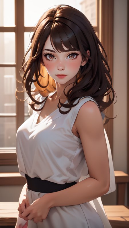 masterpiece, best quality, 1girl, standing,  <lora:big_hair-1.0:1> big hair, mature female, blunt bangs, brown eyes, light brown hair, open window, flower, upper body,