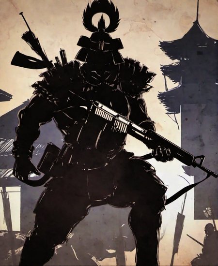 <lora:niohstorytelling-step00000400:0.9>,niohstorytell,silhouete of warrior with a rifle,building in the background