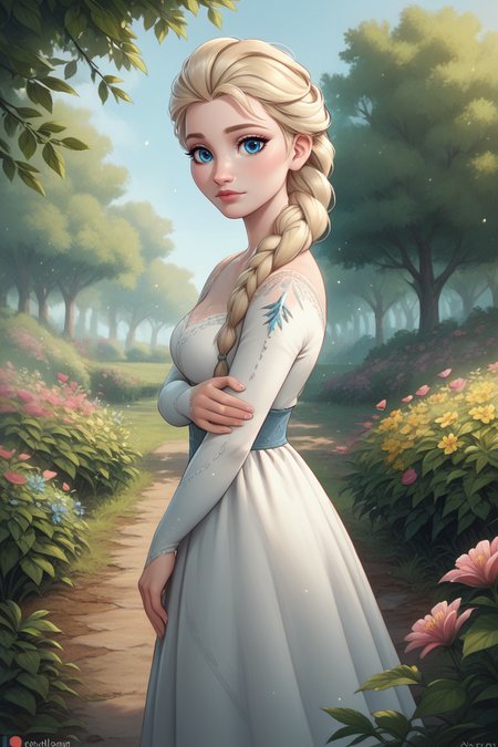 score_9, score_8_up, score_7_up,
<lora:DisneyElsa:0.8>
DisneyElsa, 1girl, blonde hair, blue eyes, braid, looking at viewer, standing in a sunlit garden, surrounded by blooming flowers, soft focus background with bokeh, gentle breeze rustling through leaves, romantic and dreamy ambiance