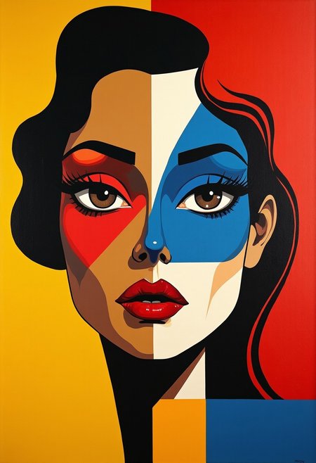 Create a striking portrait of a woman with bold, geometric features, blending abstract and cubist styles. Her face is divided into vivid, contrasting blocks of color—deep reds, blues, and yellows—each side of her face telling a different story through color and form. Her large, expressive eyes are slightly exaggerated, with a gaze that feels both intense and introspective. The painting has a retro-modern feel, reminiscent of mid-20th-century abstract expressionism, while maintaining a timeless, minimalist composition.