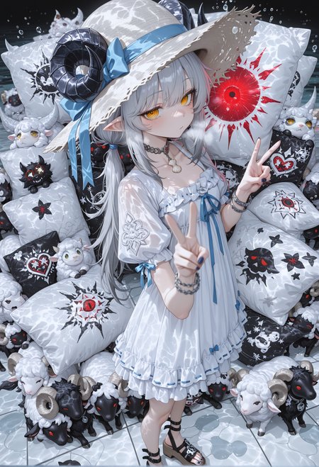 masterpiece, best quality, very aesthetic, absurdres, newest, 4ur4_illu, shiny, xxx667_illu, 15546+456868, KRGremoryBS, 1girl, solo, jitome, sheep horns, white dress, sandals, pointy ears, platform footwear, red eyes, seashell choker, bracelet, puffy sleeves, blue ribbon,grey hair, sun hat, sundress, hat bow, blue bow, ribbon-trimmed skirt, layered skirt, horns through headwear, low twintails, standing,looking at viewer,double v, punk_aesthetic, Underwater river of brine flowing through the ocean floor., blurry foreground, 1girl, Breath Play with Pillow Press, depth of field, ultra-detailed, Silver Theme, (motion_blur:1.1), diy_details, Dawn, long hair, absolutely eye-catching, rebellious_forms, (motion_lines:1.1), group, newest, Metallic Sheen, upper body, tilt-shift photography, anime character, absurdres, safety_pins, best quality, harsh_stage_light, torn_shadows, nail_polish, amazing quality, HDR, 8K, very aesthetic, masterpiece, ambient occlusion