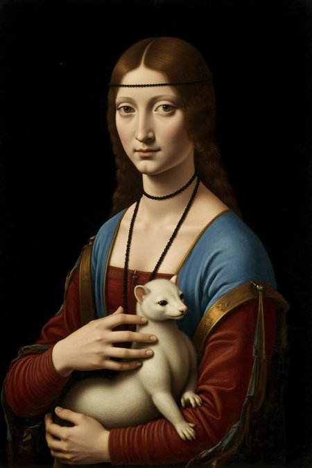 davinci1 painting. 
A woman in Renaissance attire holds a white ermine. She wears a blue dress with red sleeves, a black beaded necklace, and has a serene expression. Her hair is styled simply. <lora:davinci1_cap_d6a3e12:1.0><lora:852100003672404918:0>