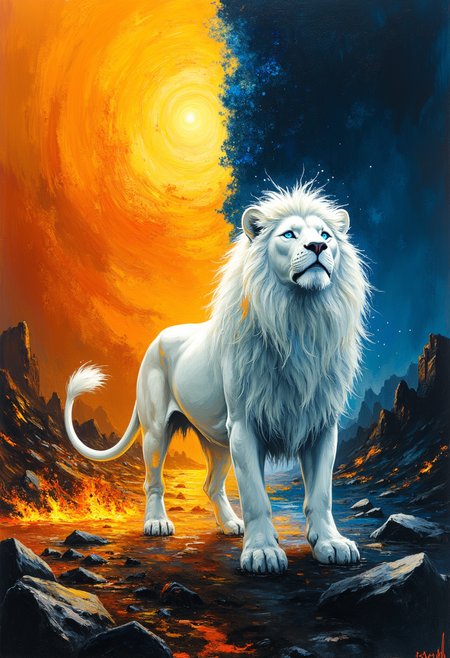 thepaintedrealm. This is a surreal oil painting created in an expressive, impressionistic style. The artwork features a majestic, otherworldly white lion standing at the center of the composition, its ethereal mane and tail ablaze with roaring flames of gold, orange, and crimson. The lionâs piercing, icy-blue eyes contrast against the inferno surrounding it, exuding both wisdom and untamed power.
The background is divided into two contrasting halves. On the left, a storm of fire and embers rages, casting an intense, golden glow across the scene. The ground cracks beneath the heat, and the swirling sky burns like a never-ending sunset. On the right, a deep, shadowy blue expanse stretches into the unknown, mist swirling around jagged rocks as cold winds howl through the darkness.
The lion stands between these realms, neither fully belonging to fire nor to shadow, embodying both destruction and protection. Flames flicker off its powerful form, casting dancing reflections on the ground as it gazes toward an unseen destiny, a guardian of balance in a world on the edge of chaos.