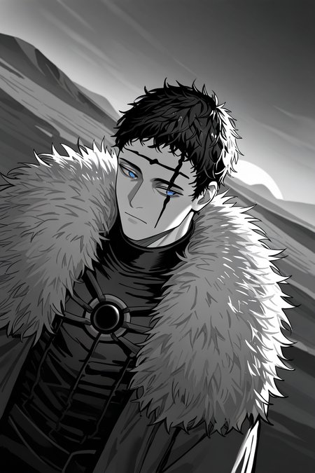 black sun, greyscale, realistic shading, dimlighting, facial marked-male focus, expressive expressionless face, zenonbc, black_zenonbc_facial mark, black_zenonbc_short hair, blue eyes, 1boy, looking away, shiny skin, hands in coat, fur-trimmed coat, dark outdoors desert, bleak environment, dark environment, shadow, foreshortening, dutch angle, dynamic angle, dynamic action, intricately detailed illustration, cinematic, depth of field, atmospheric perspective, masterpiece, best quality, amazing quality, very aesthetic, absurdres, newest