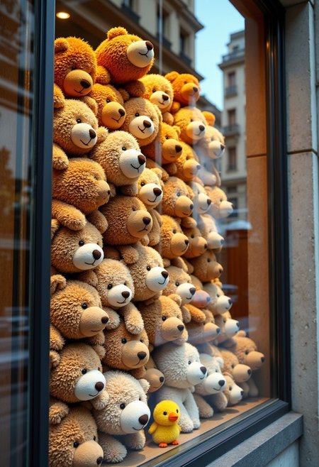 Stuffed bears stacked face down in layers in a glass case inside a lavishly decorated show window. Stuffed bears of various colors are stacked face down, with their faces facing us. They are stuffed face down inside the case. There is only one stuffed chick among the stuffed bears. Smiling, expressionless or sleeping, all the stuffed bears are looking at you. A department store show window, the atmosphere of a clay model, the texture of a toy, the thin
 reflection of the city in the glass case on a sunny day
. Photorealistic lighting.
aidmafluxpro1.1