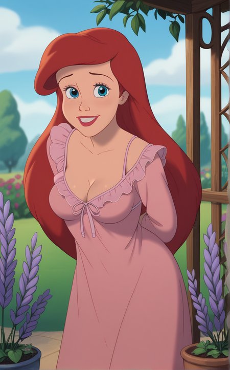 score_9, score_8_up, score_7_up, absurdres,leaning forward, arms behind back, cowboy shot, garden, wisteria, outdoors, depth of field, solo, looking at viewer,  <lora:PONYXL_Princess_Arial_ownwaifu:1> BREAK  NightGownDress_Princess_Arial_ownwaifu, 1girl, big hair, blue eyes, eyelashes, long hair, red hair, red lips, lipstick, makeup, long sleeves, nightgown, pajamas, pink dress, cleavage, breasts, frills, medium breasts, sleepwear, wide sleeves,   <lora:add-detail-xl:0.15>,