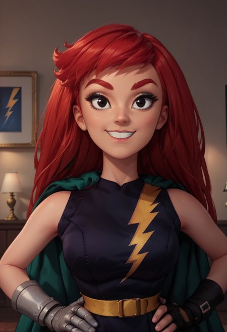 ((room background)),score_9, score_8_up, score_7_up,score_6_up, 
1girl, Solo, Lex_Lightning, red hair, large hair, black eyes, black eyeshadow, red eyebrows, black dress sleeveless, yellow lightning bolt symbol in dress, yellow belt, black short skirt, green cape, black boots, robotic hand in right hand, black fingerless glove in left hand, cute, tall stature, social smile, perfect eyes, perfect smile, looking at the viewer, detailed eyes, perfect eyes, standing, big breasts (front pose, front view, bust shot) five fingers, perfect hands, hands on hips