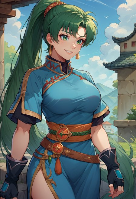 score_9, score_8_up,score_7_up, source_anime, 1girl, solo, <lora:EPfeLynPony_epoch_7:1.0>, EPfeLyn, green hair, green eyes, long hair, high ponytail,  jewelry, dress, large breasts, blue dress, black gloves, earrings, short sleeves, smile, side slit, fingerless gloves, belt, outdoors,