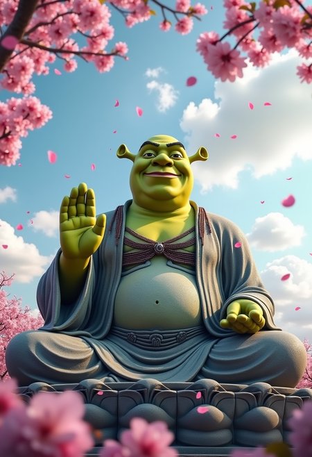Cherry blossom petals Blowing in the wind, The text "Shrek is love, Shrek is life" is written in clouds at the top of the image, 
A gigantic stone statue of the Buddha, but it's Shrek. Meditating, one hand raised, Buddhist Mala beads around neck, Serene ambience, Magical Glowing Kanji Characters surround the statue. 
Smiling, Kamakura Buddha, gigantic. Cherry blossoms, beautiful skyline, amazing quality, masterpiece, highly detailed,
