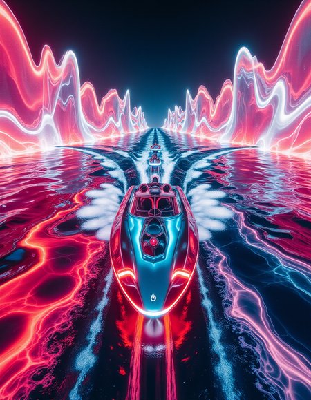 A futuristic powerboat race where the entire waterway is composed of Liquid Marble, shifting in iridescent reds, neon pinks, and cyberpunk blues. As the boats speed past, their wakes explode into sound-reactive, color-shifting waves, bending reality with every turn. The iPhone captures the racers appearing as if theyâre gliding across a glowing, living soundscape.
<lora:Synthesia_v2:0.75>  <lora:ral-lqdmrbls-flux:0.75>