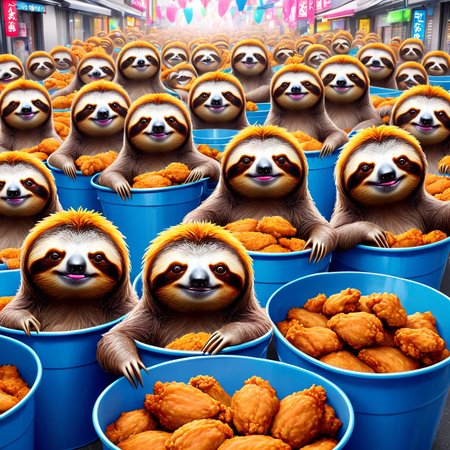 manga style <lora:sl0th-000004:0.6>  sl0th, sloths wearing cat costumes, celebrating with buckets of fried chicken, vibrant, high-energy, detailed, iconic, Japanese comic style