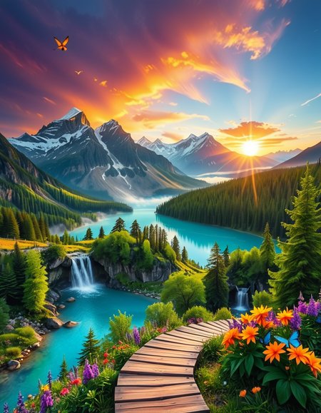 A breathtaking, high-resolution photograph of the most beautiful place on Earth, where natureâs wonders blend in perfect harmony. Towering, snow-capped mountains rise majestically in the background, their peaks glowing under the golden hues of a setting sun. Below, a crystal-clear turquoise lake reflects the colors of the sky, surrounded by lush, green forests filled with ancient trees, vibrant wildflowers, and cascading waterfalls. A soft mist rises from the valley, adding a dreamlike quality to the scene. In the distance, rolling meadows stretch toward the horizon, dotted with colorful flowers and serene wildlifeâgraceful deer grazing, birds soaring in the sky, and butterflies dancing in the breeze. A wooden footpath winds through the landscape, leading to a secluded, tranquil spot where the beauty of nature can be fully admired. The air is crisp and filled with the soothing sounds of rustling leaves, flowing water, and distant birdsong. The sky above is a masterpiece of colorsâdeep oranges, purples, and pinks blending seamlessly as the sun sets, casting a magical glow over this untouched paradise. The atmosphere is peaceful, awe-inspiring, and filled with a deep sense of wonder and tranquility, as if stepping into a perfect dream.
<lora:SDXLFaeTastic2400:0.4> <lora:extremely_detailed:0.4> extremely detailed, <lora:Earth_P4r4d1s3:1>,Earth P4r4d1s3, Masterpiece,best quality,hi res,8k,hi res,8k,award winning,(sharp focus, intricate, highly detailed),