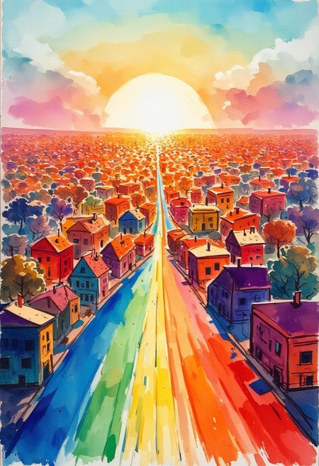 Rainbow village, Vibrant Glow, watercolors