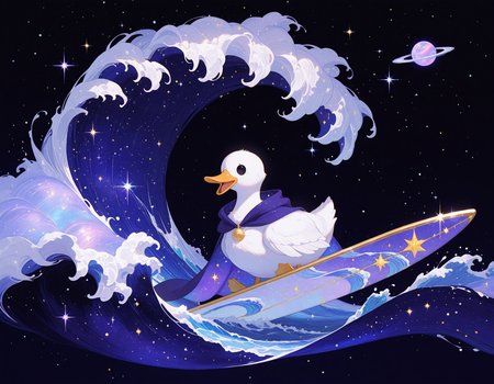 masterpiece, best quality, amazing quality, very aesthetic, absurdres,no humans, momosp, galaxy,
, white duck surfing on a silver surfboard, huge solid black eyes, pleading eyes, magical cape with gold edges, blue cape|purple cape, head tilt, open mouth, derpy,derp
, waves made of space, starry space, light particles, sparkles
,  <lora:MomoSweetSpaceILL:1> <lora:Detailer_NoobAI_Incrs_v1:0.5>