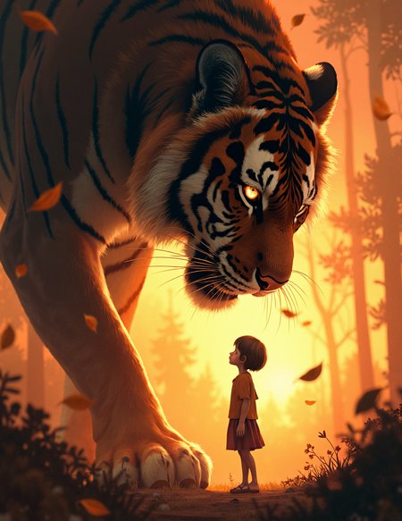 a stunning, dynamic illustration of a massive tiger with fierce, glowing eyes staring down at a young girl standing in front of it. The tiger's size is immense, emphasizing its power and strength as it looms over the girl. The girl, with short hair, appears confident and unafraid, standing with her hand raised as if she is about to touch or communicate with the tiger.
The lighting is dramatic, with warm orange and yellow hues that give the image a vibrant and energetic feel, resembling a sunset. Autumn leaves float around them, adding a sense of motion to the scene. The overall composition captures a sense of wonder, courage, and an almost mythical connection between the girl and the tiger.





