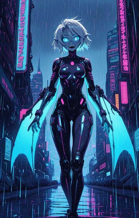 masterpiece, best quality, amazing quality, very aesthetic, absurdres,
 Dreamkeepers, Wisp,solo, 1girl, cyberpunk, futuristic, neon cityscape, long white hair, blue sclera, colored skin, pointy ears, robotic neon bat wings, glowing blue cybernetic eyes, sleek bodysuit, mechanical enhancements open mouth smile, looking at viewer, rain-soaked streets, neon displays, towering skyscrapers, dystopian atmosphere.
, <lora:dreamkeepers_multiple_Characters:1>