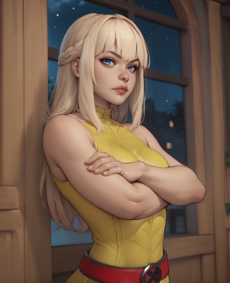 score_9,score_8_up,score_7_up,score_6_up,
magikxl,blond hair,blue eyes,bangs,long hair,
yellow bodysuit,red belt,sleeveless,bare shoulders,looking at viewer,crossed arms,
night,indoors,
<lora:magik:1>,