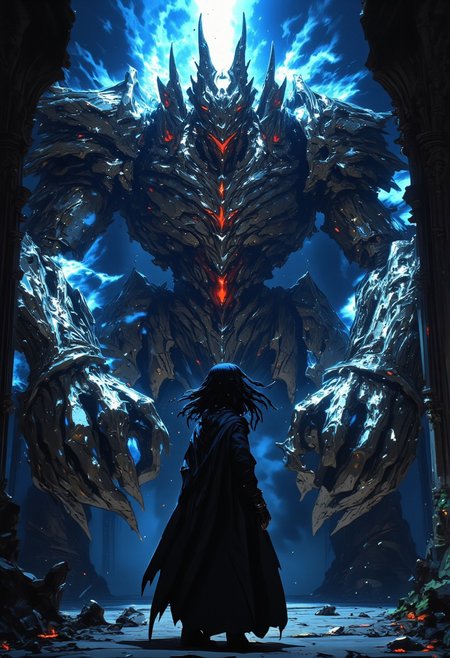 mythp0rt, midjourney_whisper_avant_couture, ne0nfant4sy, Silhouette art of an epic battle scene: a female android water elemental with flowing blue hair confronting a nightmarish mechanical behemoth in a gothic cathedral courtyard. The monster towers menacingly with multiple glowing crimson eyes, razor-sharp metal teeth, hydraulic jaw unhinged in a terrifying roar, smoke and steam billowing from its armored plates, jagged mechanical limbs ending in savage claws, exposed grinding gears and pulsing dark energy core. The water elemental channels surging waves and blue lightning against the beast, her ethereal cloak and hair flowing dramatically, ornate medieval architecture with climbing vines and crumbling spires frame the scene, ancient clock tower looming in background. Cybernetic details emit contrasting blue and blood-red lights, water droplets and energy particles exploding in air, shattered gothic arches and fallen pillars, dramatic rim lighting highlighting the clash between organic and mechanical, moody atmosphere where gothic fantasy meets dark cyberpunk warfare, deep shadows and glowing highlights emphasize the horror of the mechanical monster, debris and water effects filling the air, photorealistic, epic cinematic composition, volumetric lighting piercing through mist and smoke, octane render, 8k resolution, artstation trending, masterpiece, intense action scene --ar 2:3 --s 750 --q 2 --chaos 35 --stylize 1000